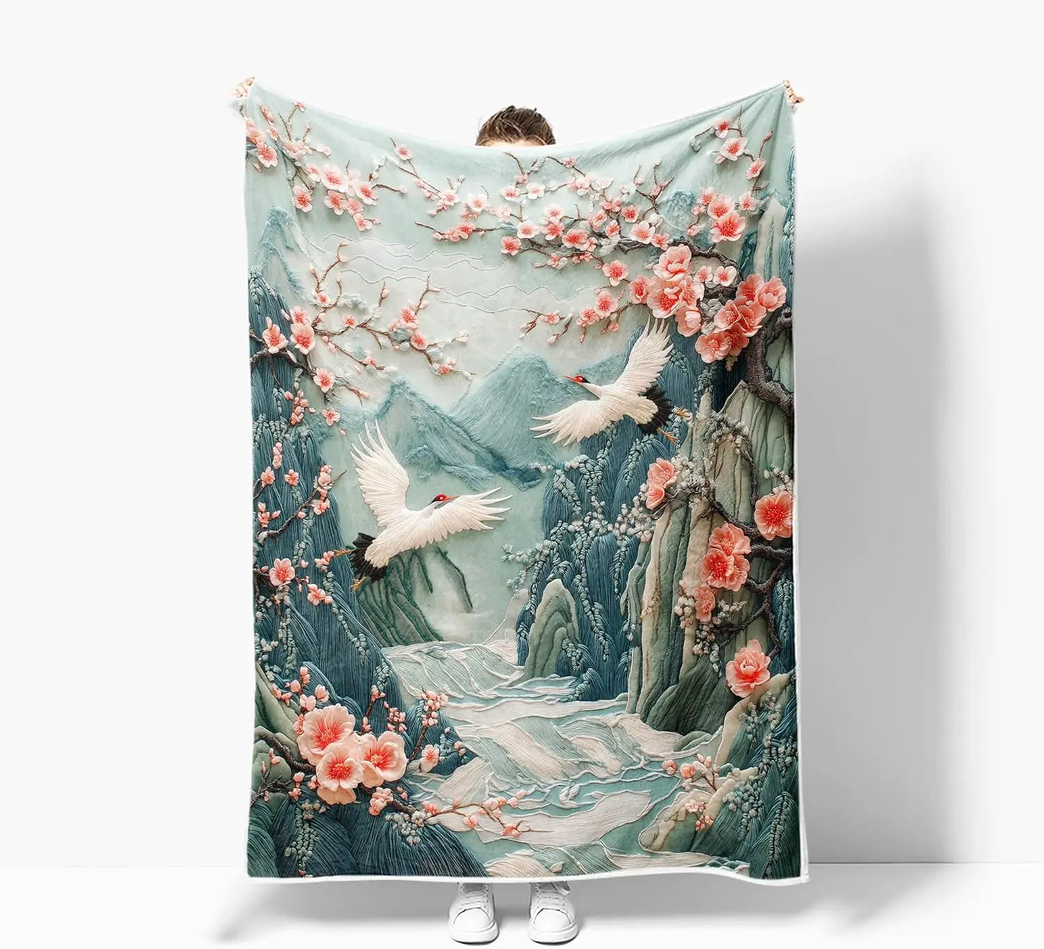 Light Cyan Embroidery Plum Red-Crowned Crane Mountain River Flannel Throw Blanket Soft Warm Cover Sofa Oriental Bedroom Decor