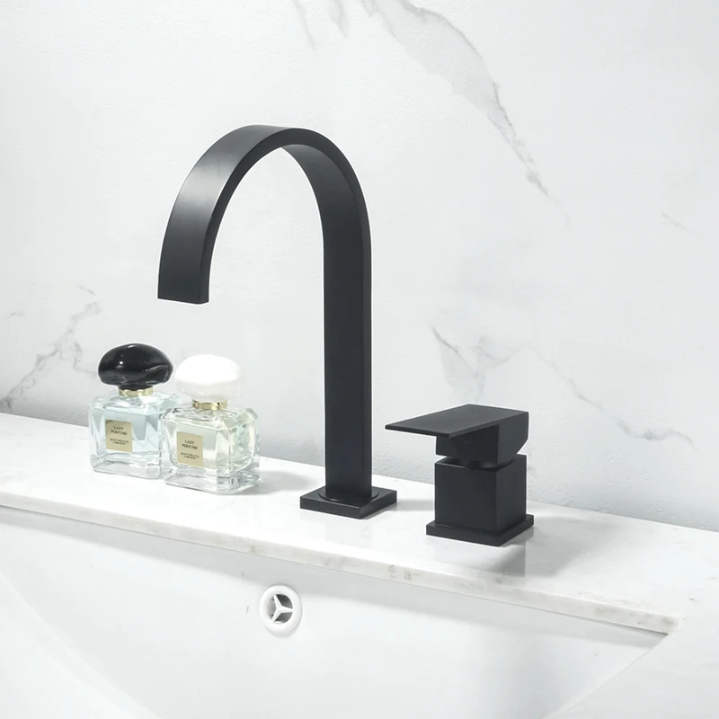 

Deck Mounted Bathroom Waterfall Sink Faucet Modern Lavatory Vessel Sink Faucet Single Handle Hot and Cold Mxier Taps Matte Black
