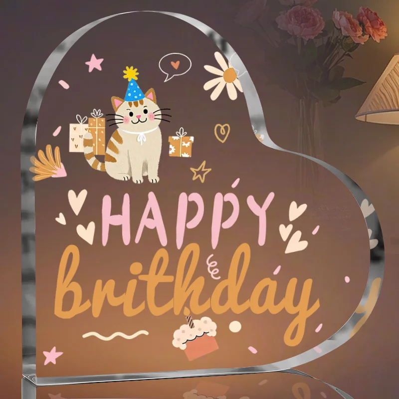 Cute 2D Flat Design Birthday Heart Shaped Sign, Cat Flower Pattern, Acrylic Plastic, Small Desktop Shelf Decor, Home Office Room