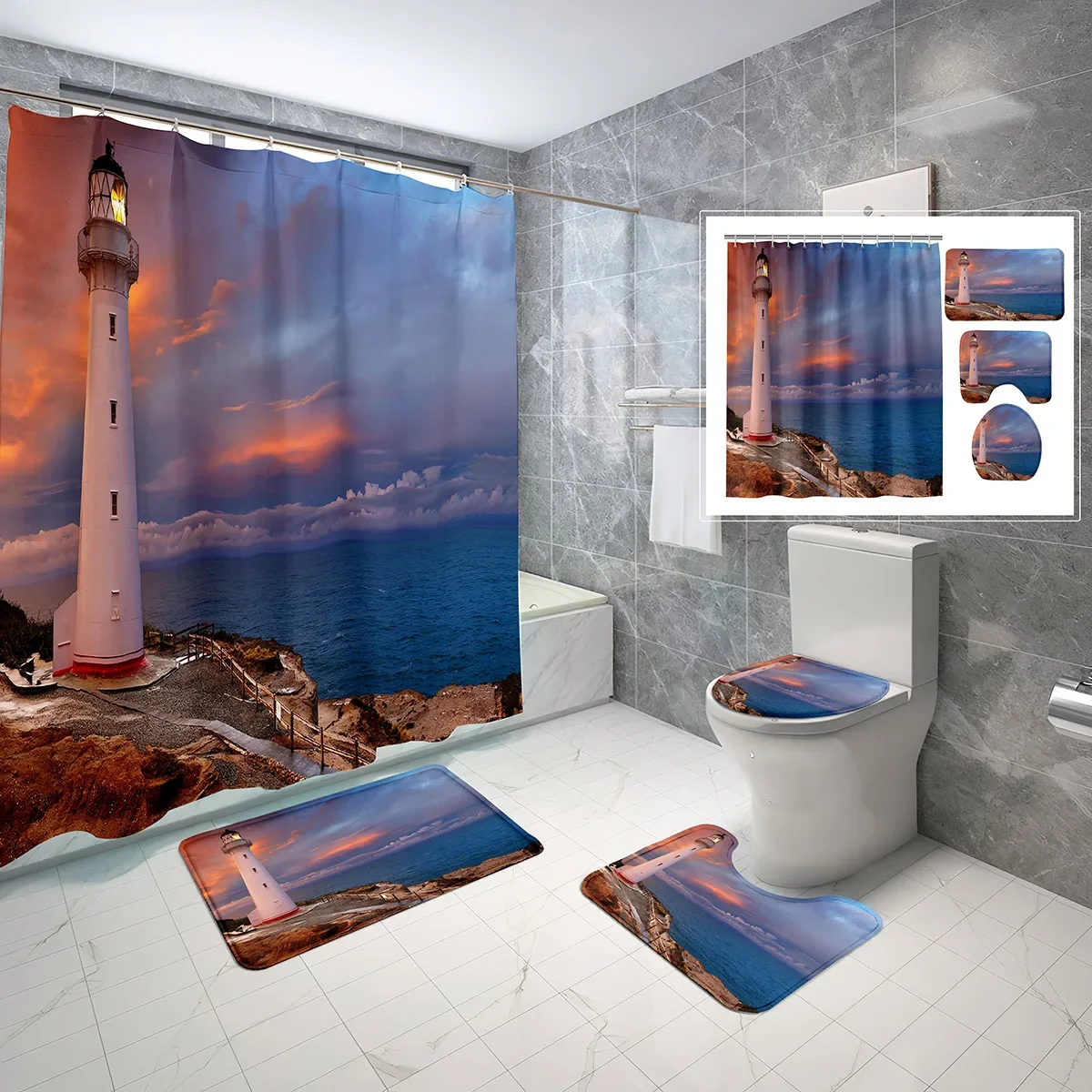 4 Sets Lighthouse Shower Curtain Sets with Non-Slip Bath Mat,Toilet Lid Cover and Coast Seascape Sunrise Shower Curtain Sets