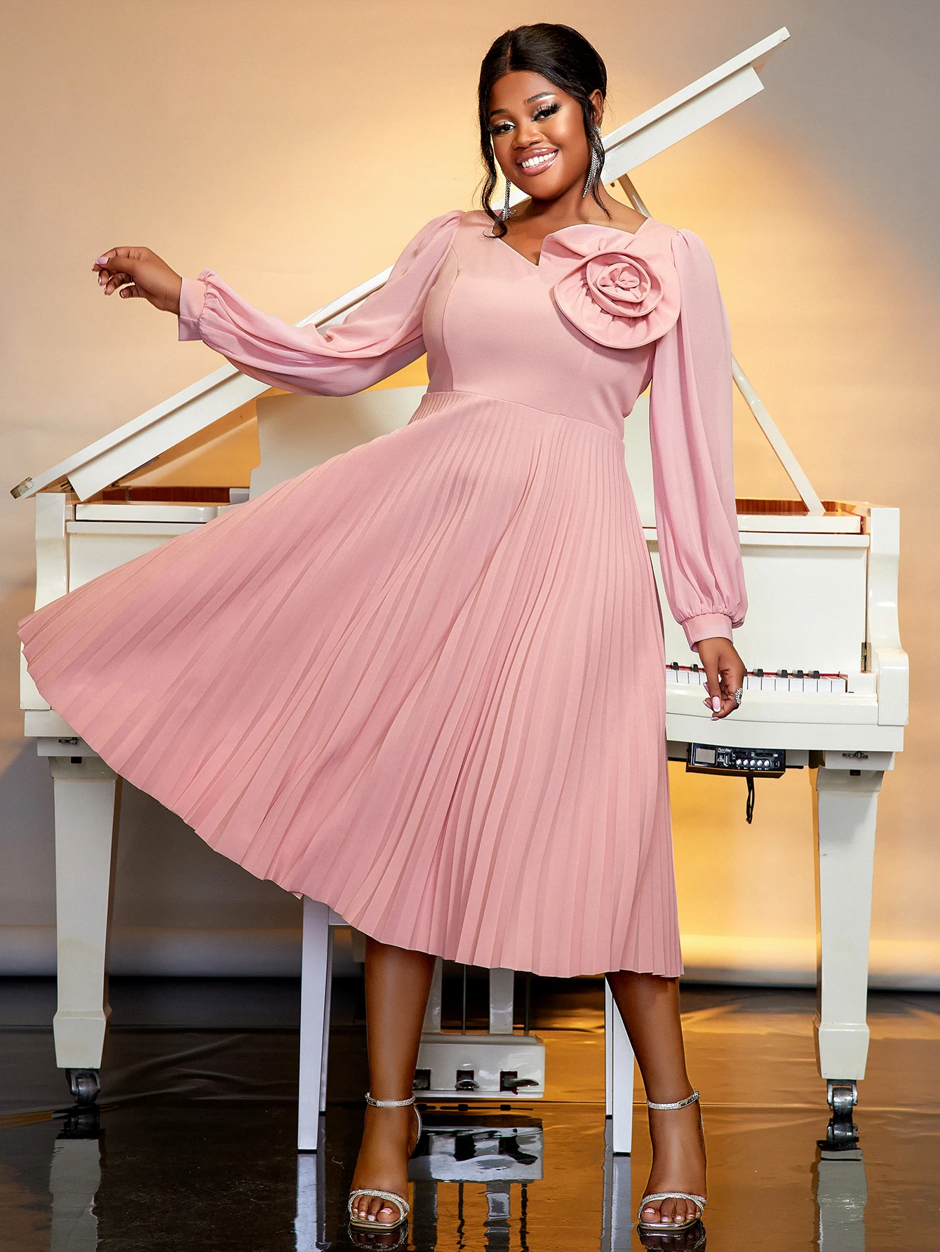 Women  Elegant Pink Pleated Party Dress Long Puff Sleeve  Diagonal Collar 3D Rose 3D Rose Flower Plus Size Wedding Evening Gowns