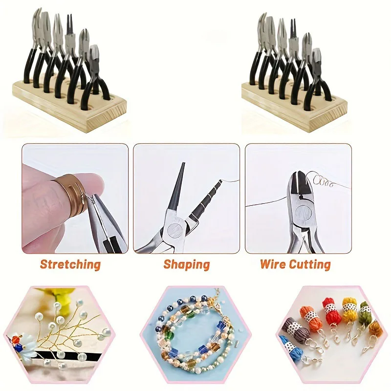 Jewelry Pliers 6PCS Set with Wood Pallet,Jewelry Pliers Kit for Wire Winding,Round Nose,Pointed Nose Flat Nose,Nylon Head Pliers