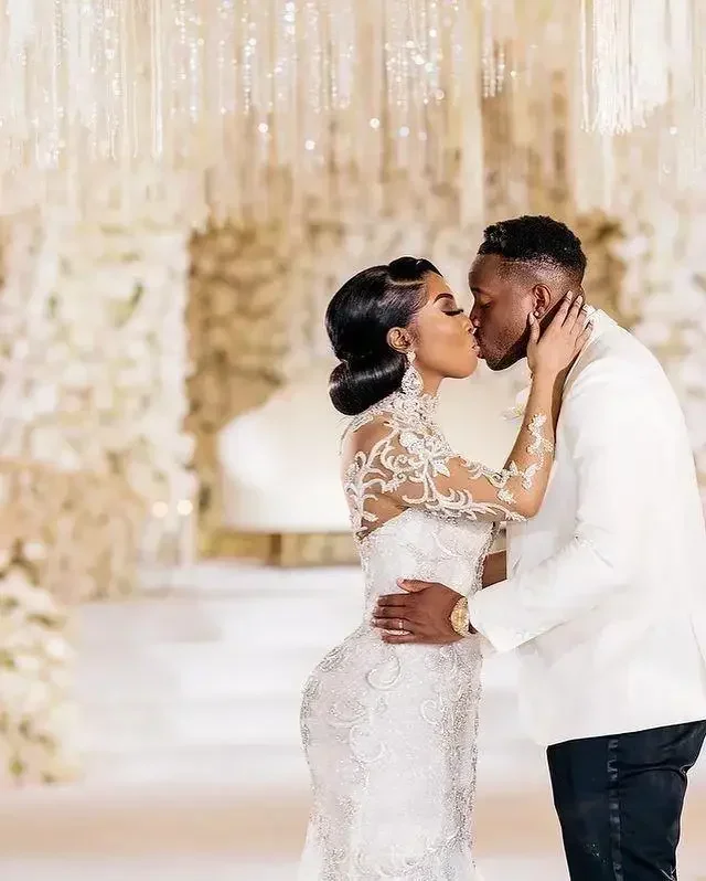 Robes de mariée sirène personnalisées perlées, manches longues transparentes, traîne de balayage africaine et nigériane, grande taille, robes de soirée de mariée, 2025