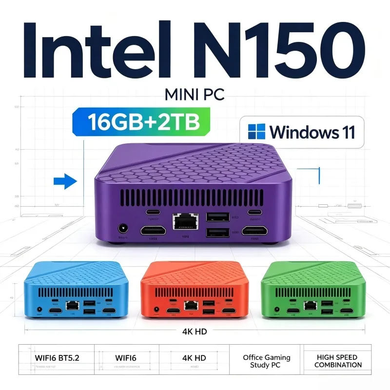 Intel N150 Lightweight Mini PC 16GB RAM Multiple Storage Option 512G‑2TB SSD Windows11 WiFi6 For Home Office & Casual Gaming
