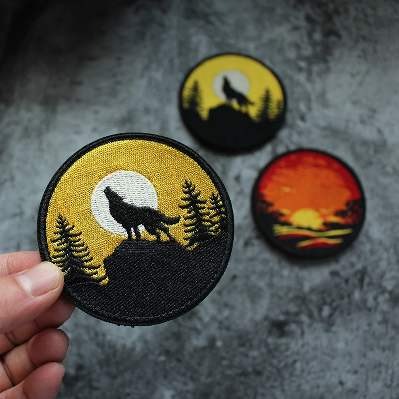 3D Embroidered  Wolf Roar Armband Jungle Sunrise Starry Mountain Camping Scenery Pack Sticker Hook and Loop Patches for Clothing