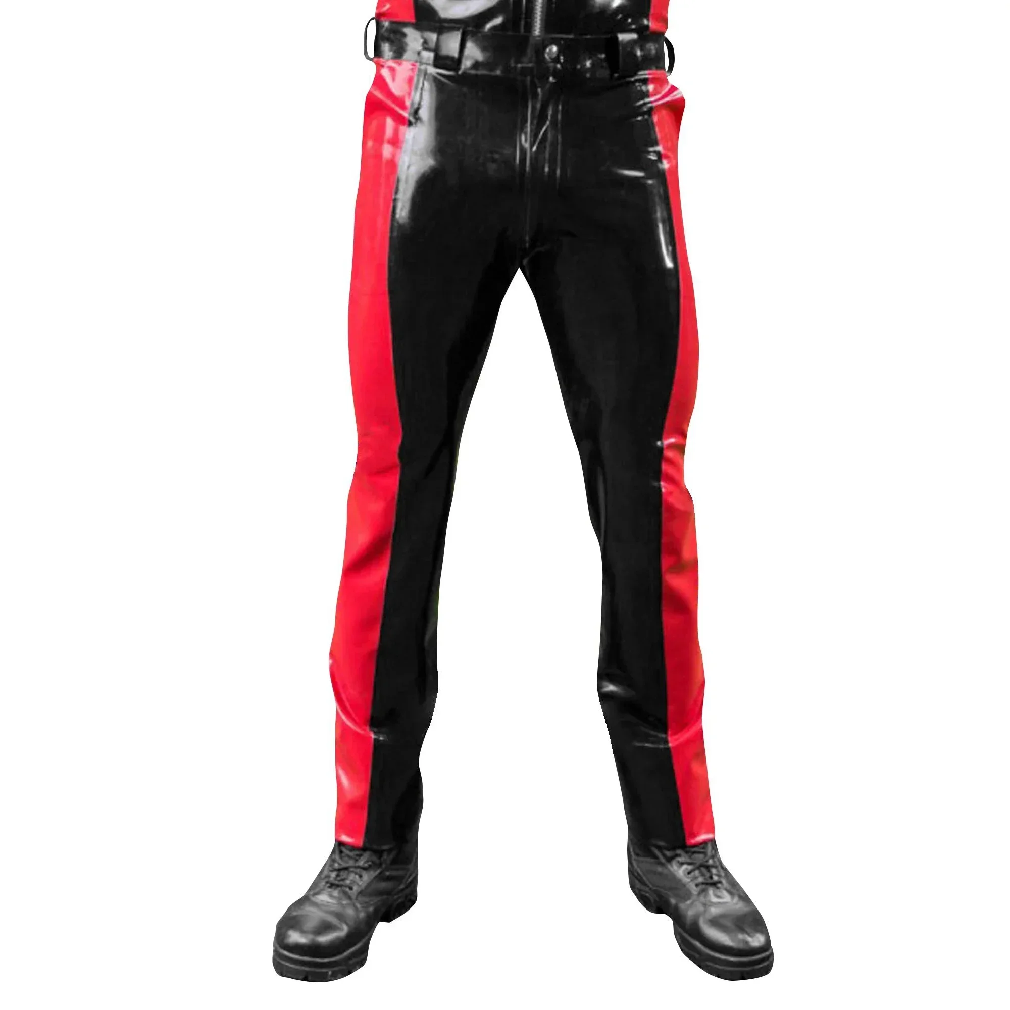 Black And Red Sexy Latex Leggings With Trims Decorations Two Sides Buttons Zippers Rubber Pants Trousers Bottoms