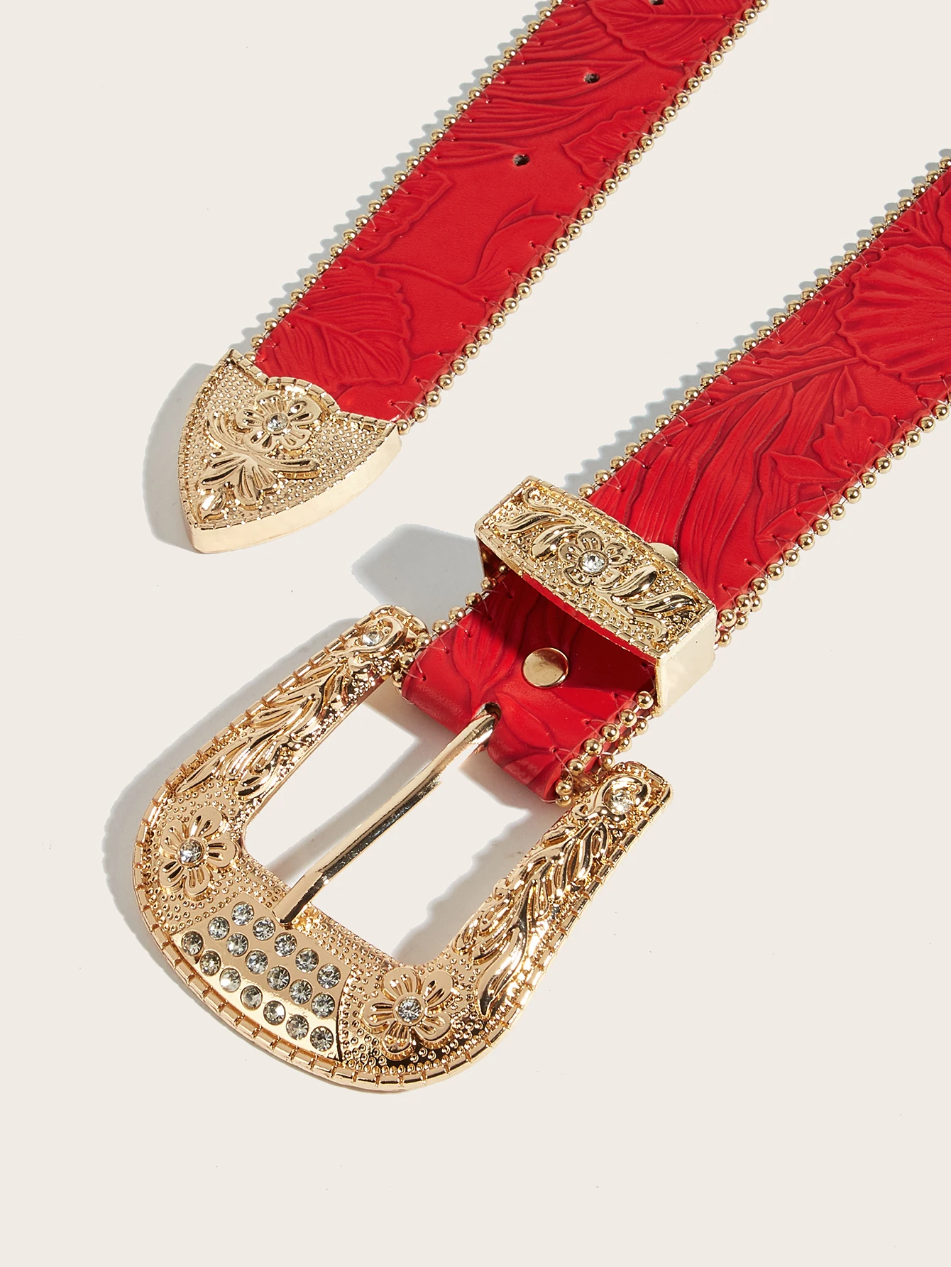 Red Chunky Western Y2K Belt, Embossed Leather & Gold Rhinestone Buckle. Concerts & Jeans. Cinturón, Correas.