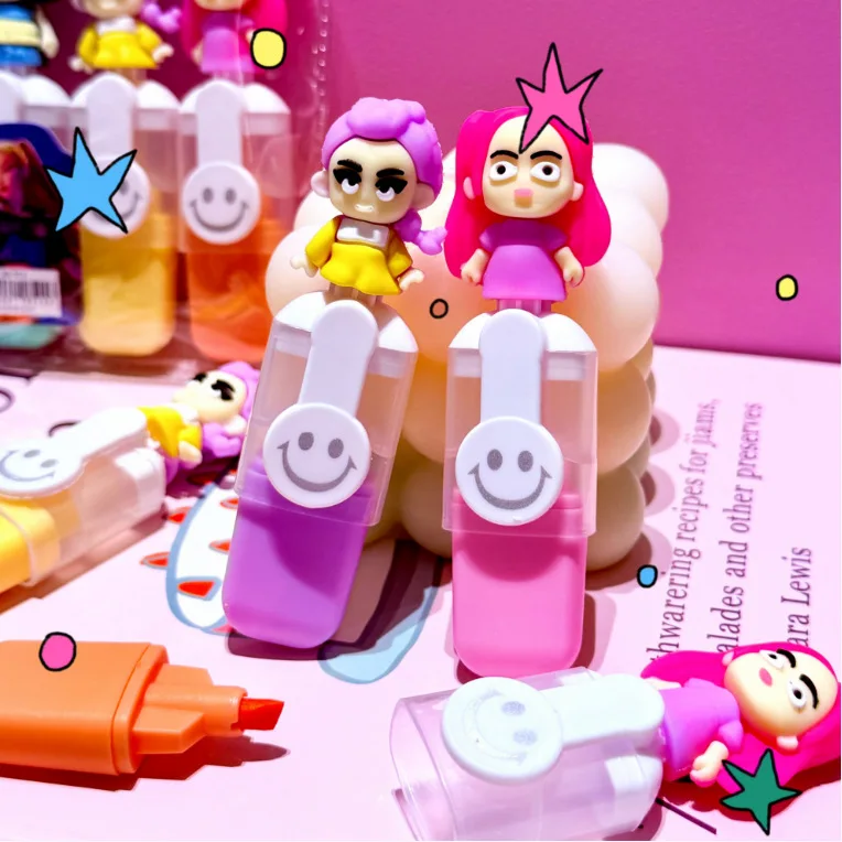 6pc/set Y2K Demon Hunters Pen Cartoon Character Doll Bagged Mini Highlighter Pen Student Learning Supplies Children's Toys Gift