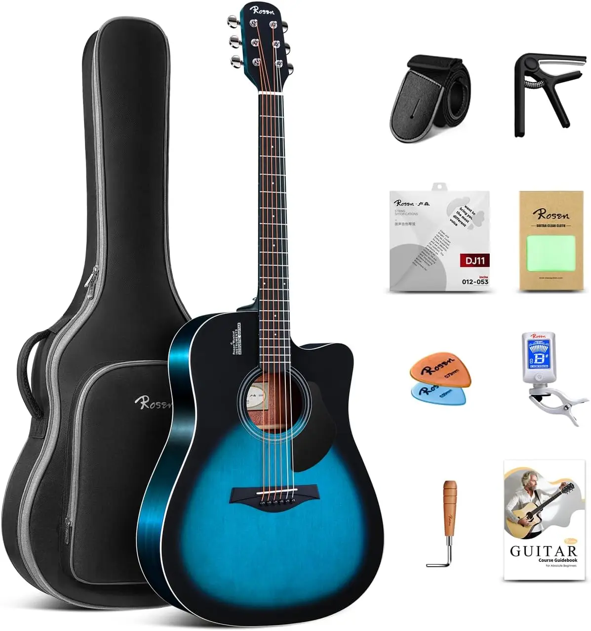 Guitarra Acústica Dreadnought de Tapa Sólida de 41 Pulgadas, Paquete para Principiantes con Accesorios, Azul