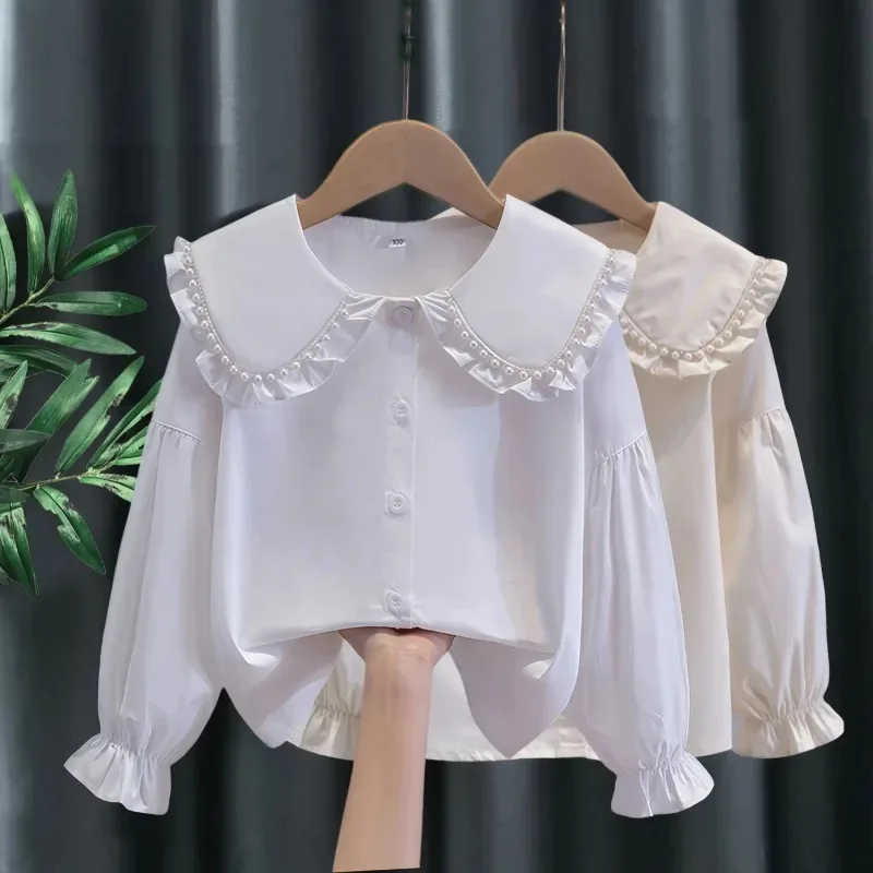 

2025 Spring and Autumn New Girl's Pure Cotton Doll Neck Long Sleeve Shirt Children's White Performance Top
