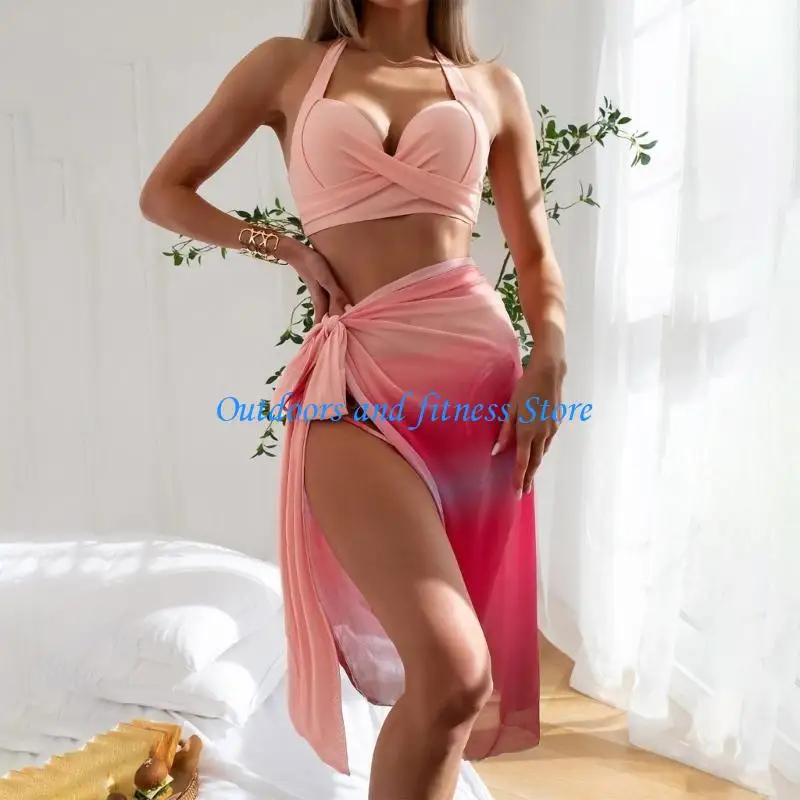 H053 High Cut Swimsuit for Women-Gradient Halter Bikinis Set 3 Pieces Bathing Suits