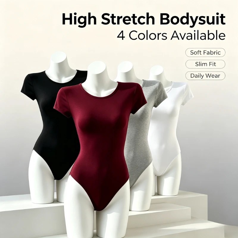 Women Korean Style Summer Slim Fit Body Suit  Short Sleeve Basic Bodysuit Round Neck Stretchy Blouse Solid Color Tee