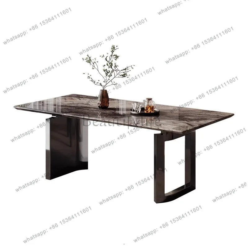 

Rectangle Luxury Stone Dining Table Modern Simple Marble Stainless Steel Table Legs