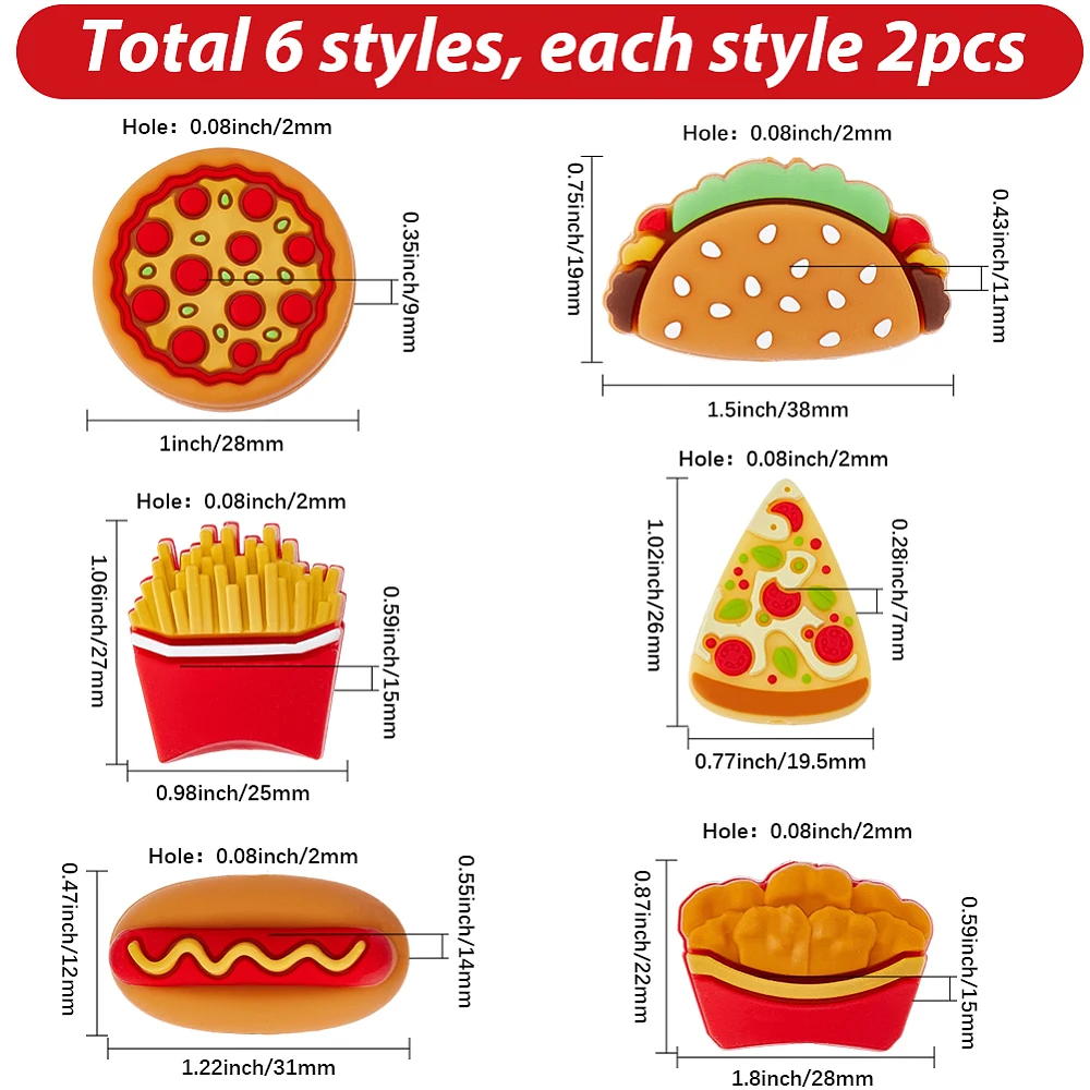 12Pcs Focal Beads Pizza Food Shaped Beads Burrito French Fries Hot Dog Colorful Key Chain Loose Pen Spacers for Keychains