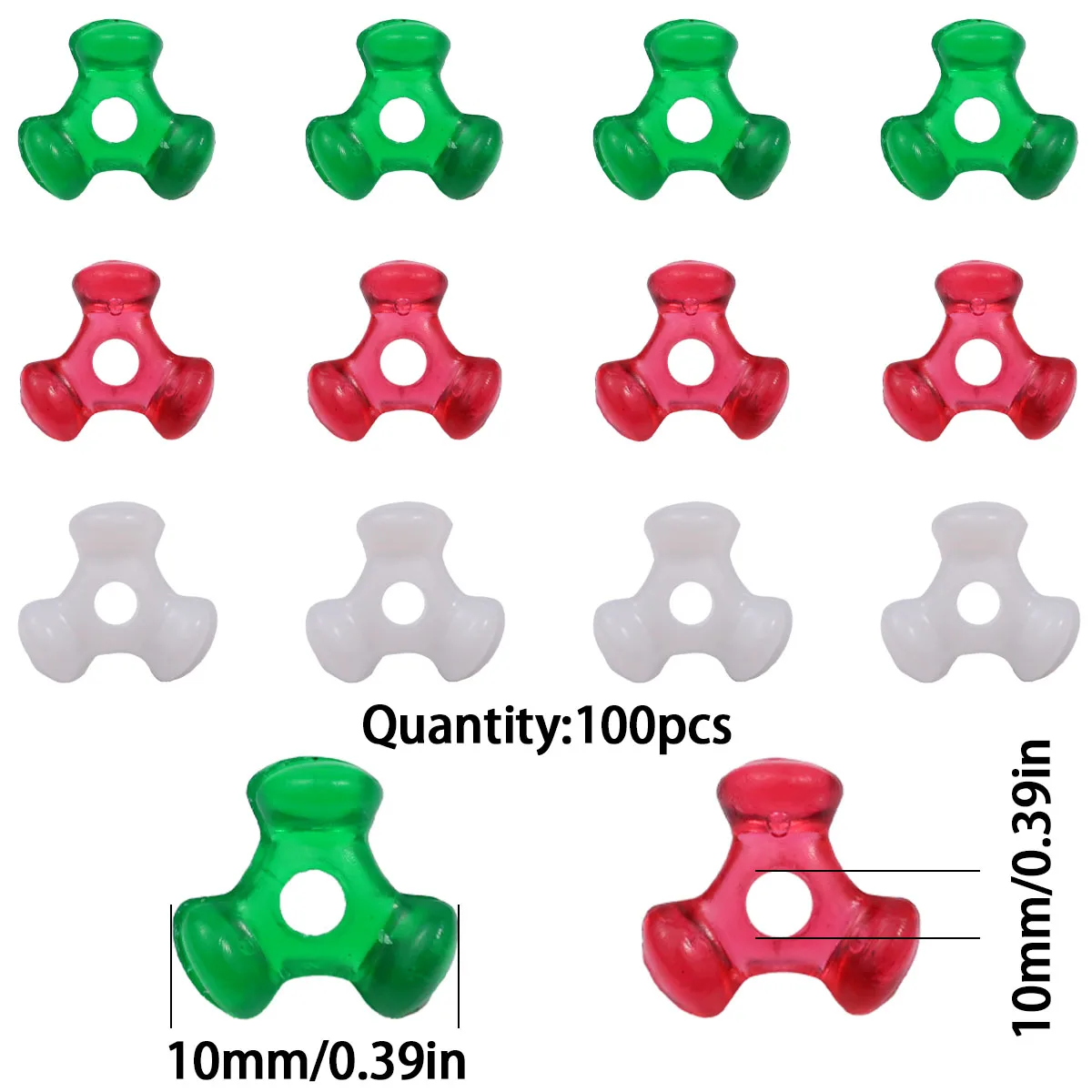 10mm 100pcs Red Green White Acrylic Tri‑Cut Loose Spacer Beads for DIY Bracelet Necklace Jewelry Making Xmas Party Decoration