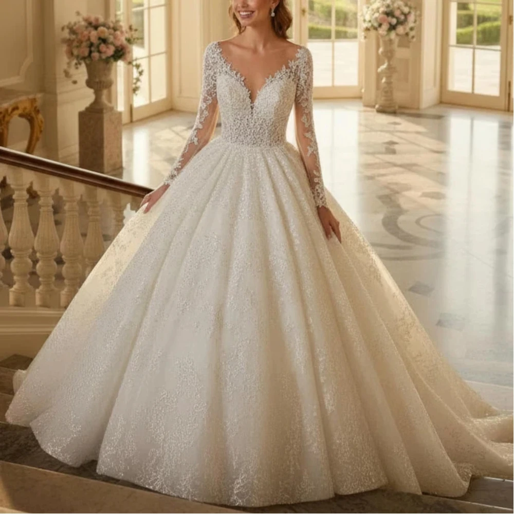 Elegant Long Sleeve Lace Ball Gown Wedding Dress V Neck Beaded Sequined Sparkly Princess Bridal Gown For Women Customized