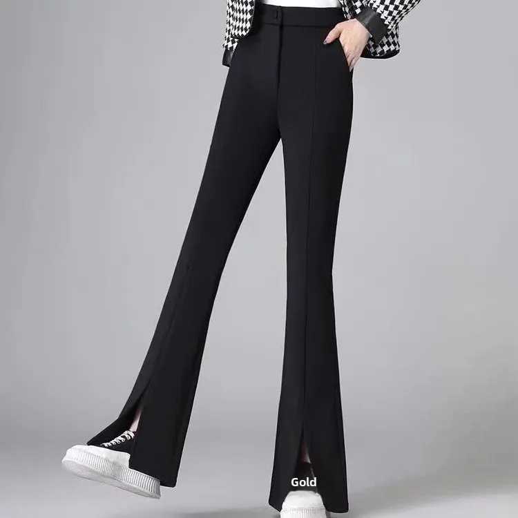 ارتفاع الخصر متوهج السراويل النسائية صوف مبطن أسود سبليت الخريف الشتاء مستقيم الساق السراويل المألوف حجم كبير #2