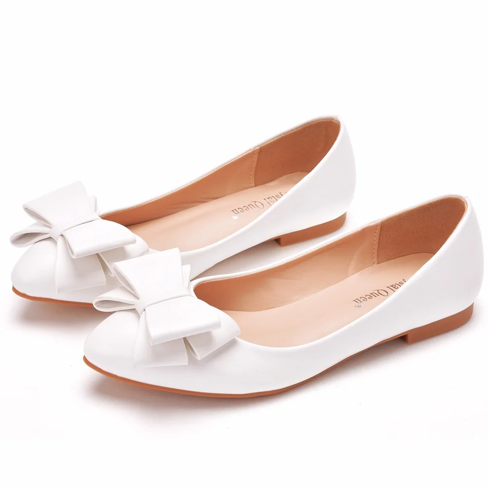 Fashion white pointed flat single shoes female work women\'s shoes bow women\'s shoes large size 41-43 bridal shoes wedding shoes