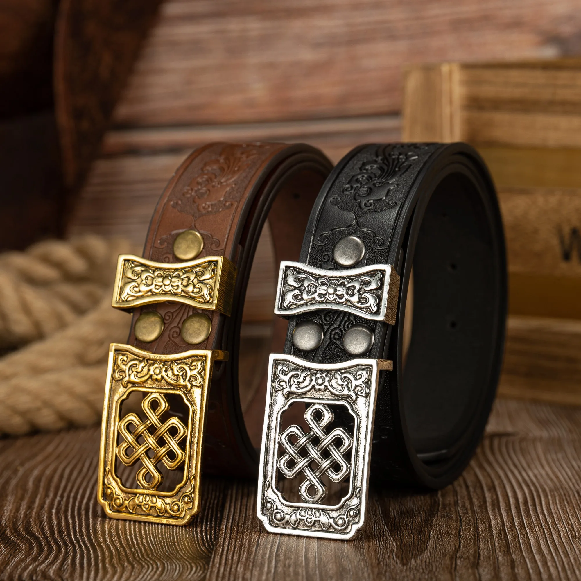 Casual Fashion Cloud Pattern PU Embossed Belt Buckle with Chinese Knot Design Unisex Waist Belt