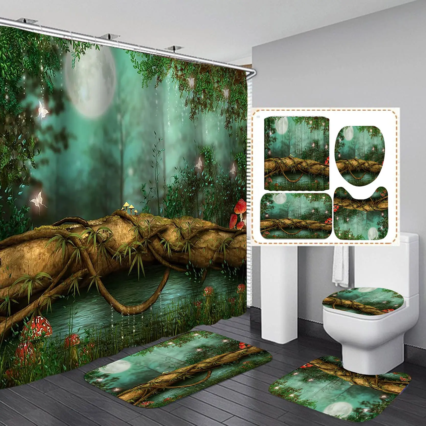 

Fantasy Forest Fabric Shower Curtain Set Night Mysterious Jungle Full Moon Lake Vine Mushroom Butterfly Fairy Tale Bathroom Set