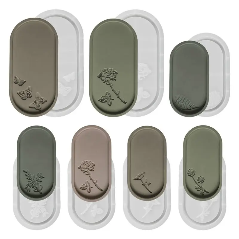 

AF89-7PCS Oval Storage Tray Cement Silicone Mold DIY Rose Flower Butterfly Carving Coaster Mold Resin Concrete Plaster Mould
