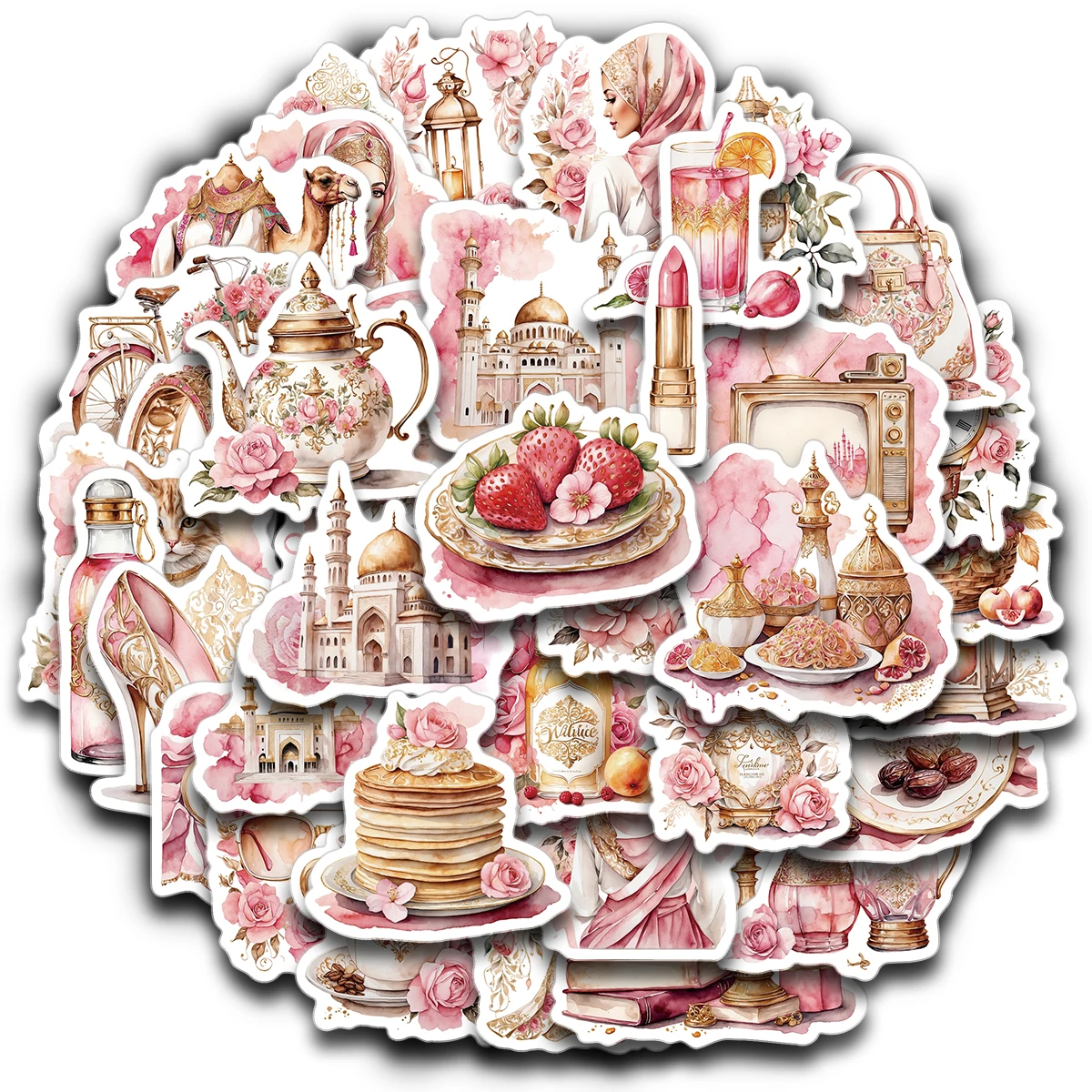4 Blätter – 50 Stück islamische rosa Aufkleber, dekorative Aufkleber für Ramadan, Eid Mubarak, Umrah-Feier-Dekoration, für Scrapbooking, Geschenketiketten