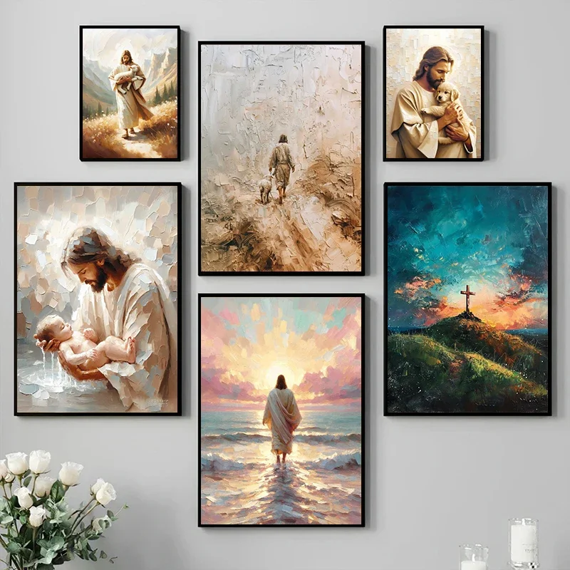 Affiche sur toile « Marcher sur l'eau / Jésus le Berger » – Tableau mural chrétien biblique pour salon, décoration intérieure, cadeau de baptême
