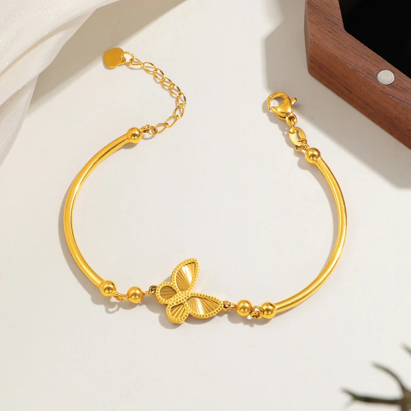 Light Luxury Curved Tube Single-Sided Butterfly Titanium Steel Bracelet Plated 18K Gold Waterproof Color Retention Women Jewelry