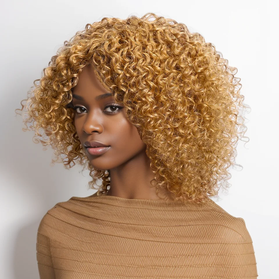 

Peruvian Short Dream Curly Bob Human Hair Wigs With Bangs Full Machine Made Wigs Highlight Honey Blonde Wigs For Women Remy Hair