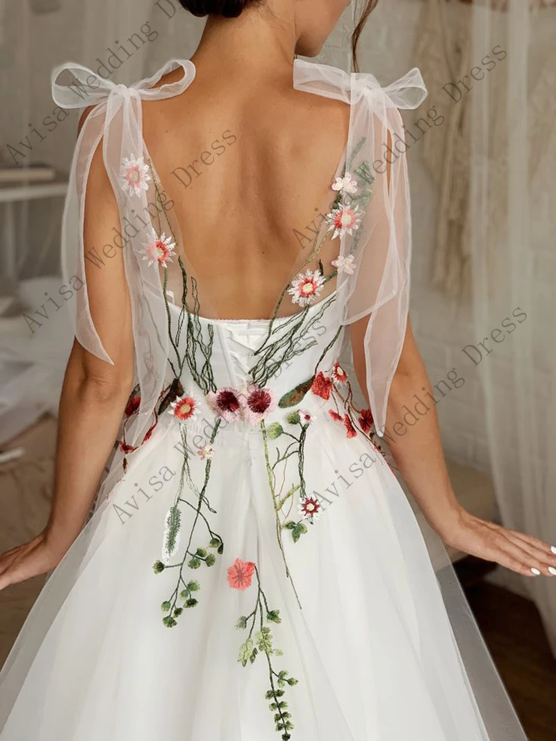 Robe de mariée florale brodée colorée, dos nu, à lacets, nickel é, pour fête de mariage