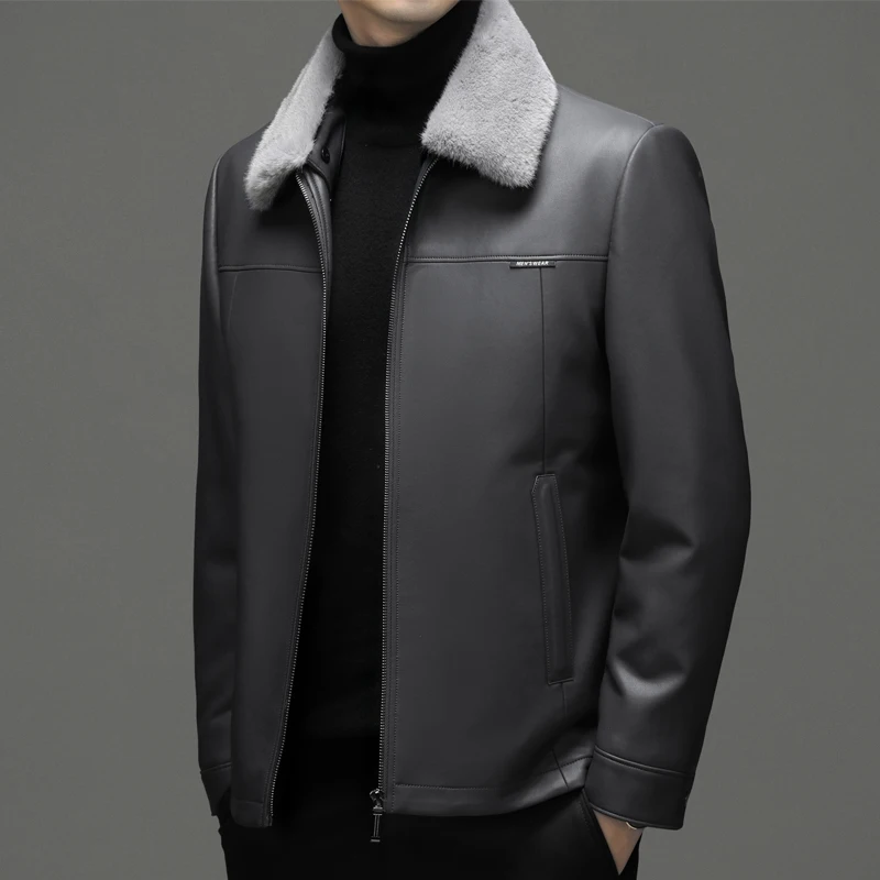 ZDT-8013 Winter New High Quality Men\'s Genuine Leather Down Coat With Detached Ferret Plush Collar Casual White Duck Down Coat