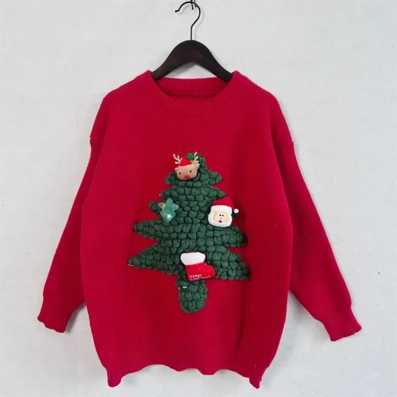 PTKPCC  Autumn and winter American Style 3D Flocking Christmas Tree Red Sweater Loose-fit Christmas Sweater New Year for Women