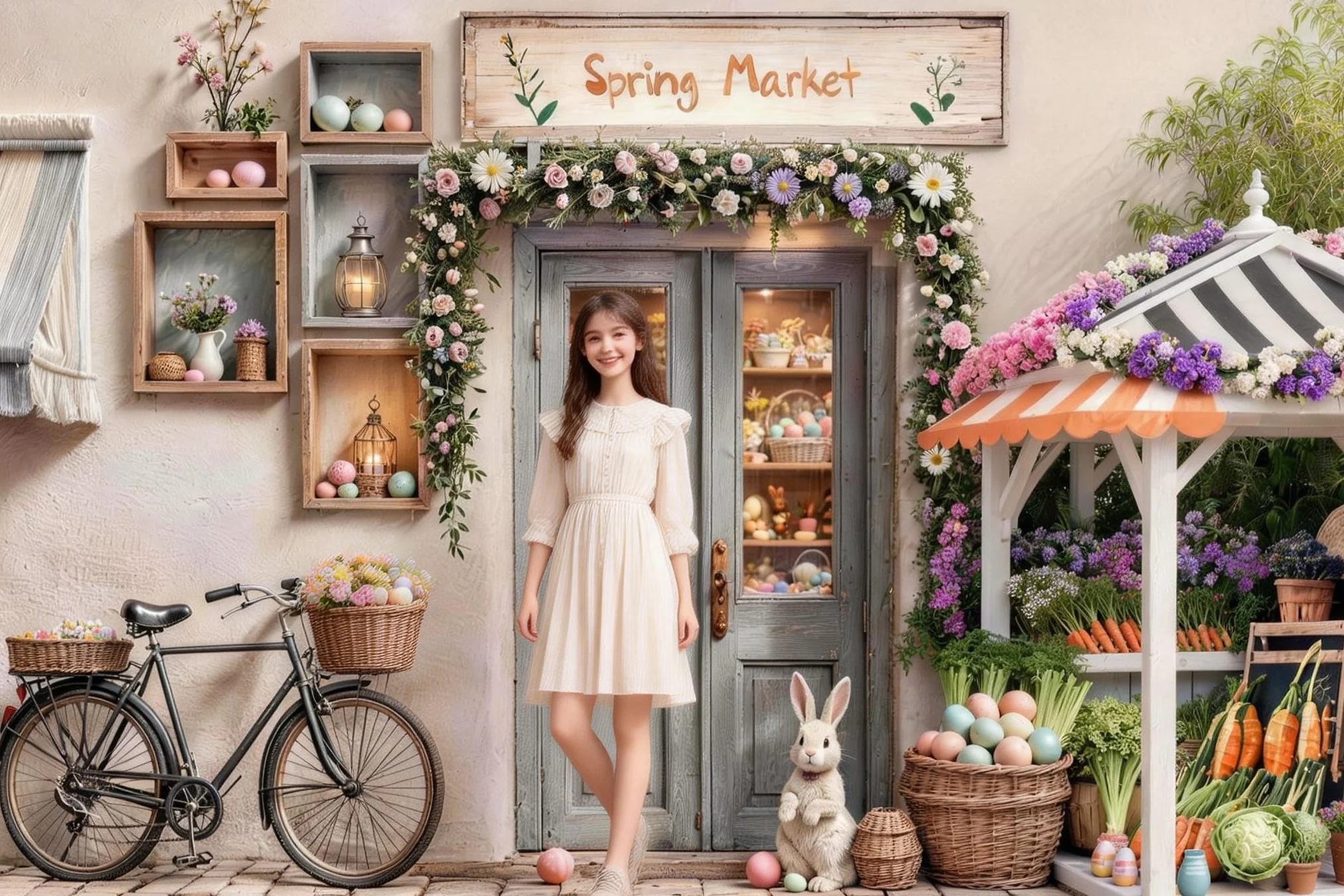 Easter Quaint Cottage Storefront Backdrops Vintage Bike Bunny Fresh Spring Shoots Backgrounds