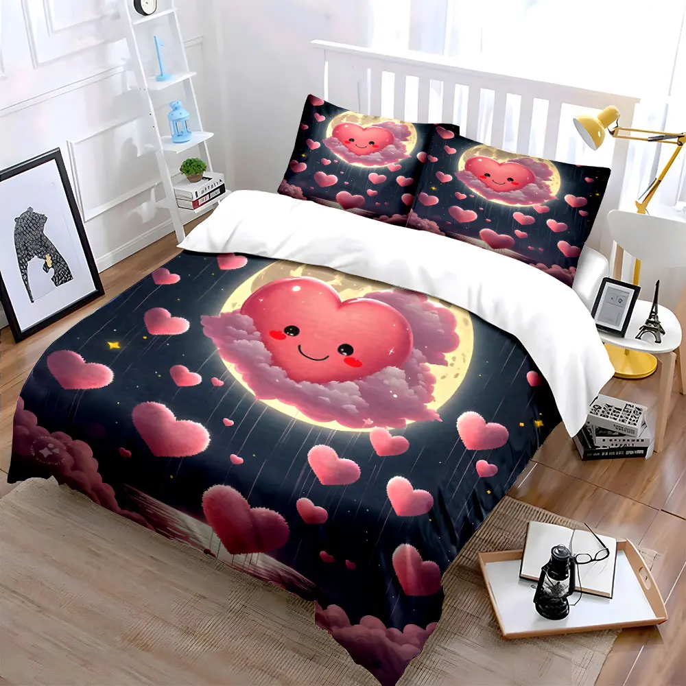 Pink heart cloud and full moon sky Bedding Set for Kids Luxury Gift 3pcs Digital Print Comforter Set Soft Comfortable Breathable