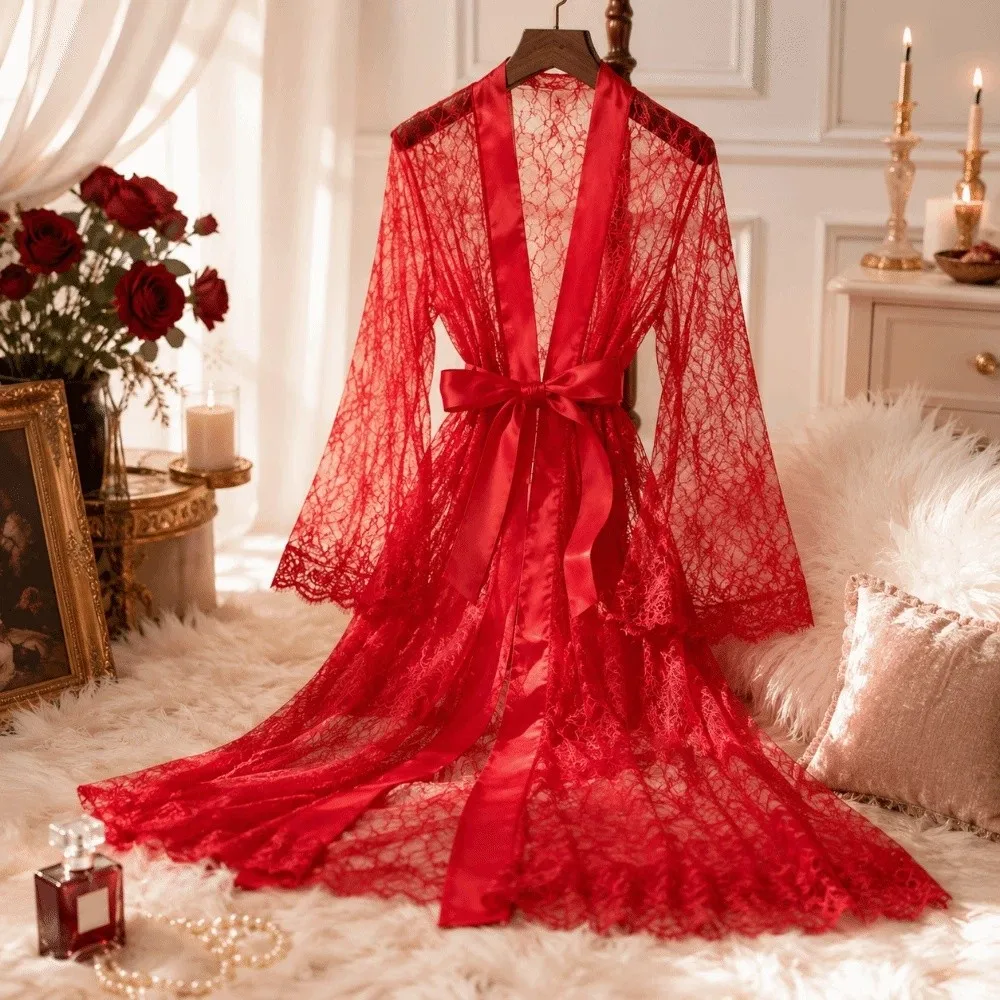 Elegant Long Sleeve Long Lace Robes Hollow Out Nightdress Sheer Robes Dress Transparent Ultra-thin Lady Pajamas Bedroom Wear