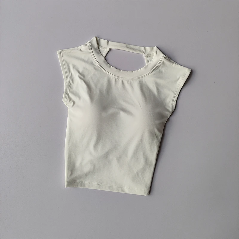 Sexy kurzes, rückenfreies Sport-T-Shirt mit festem Brustpolster, eng anliegendes, schnelltrocknendes, schlankmachendes Yoga-Oberteil für Damen. – Detail 4