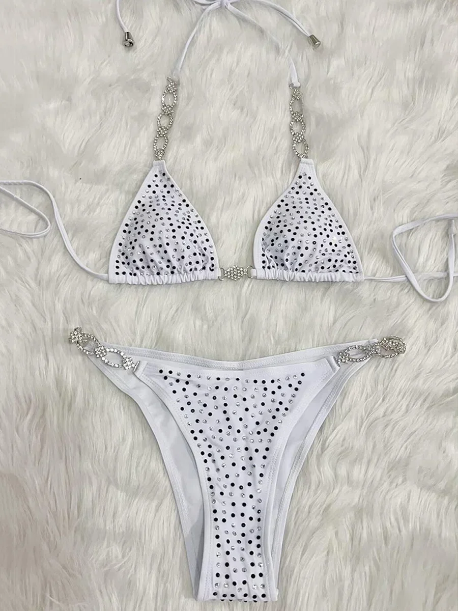 Shiny Sequins Rhinestone Bikini Women Swimwear Female Swimsuit Two-pieces Bikini set Metal Chain Halter Bather Bathing Suit Swim