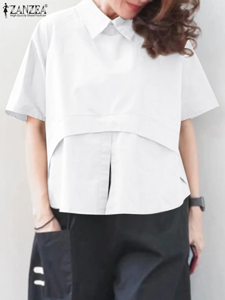 ZANZEA Zomer Kantoor Vrouwen Blouse Elegante Revers Hals Korte Mouw Stijlvolle Asymmetrische Zoom Blusas Casual Solid Tuniek Tops