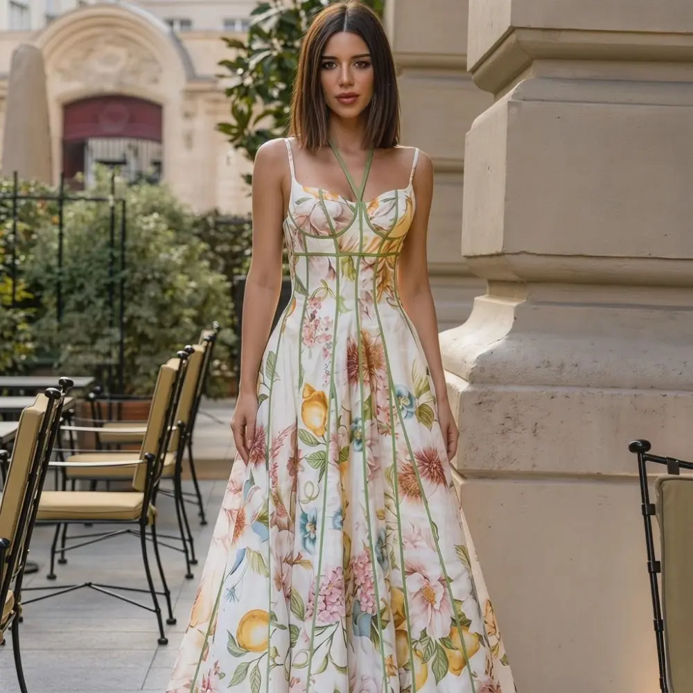 

Elegant Flower Floral Printed Dress Waist-cinching Summer Lady Halter Dress Beachwear Sweet Spaghetti Strap Dress Summer Season