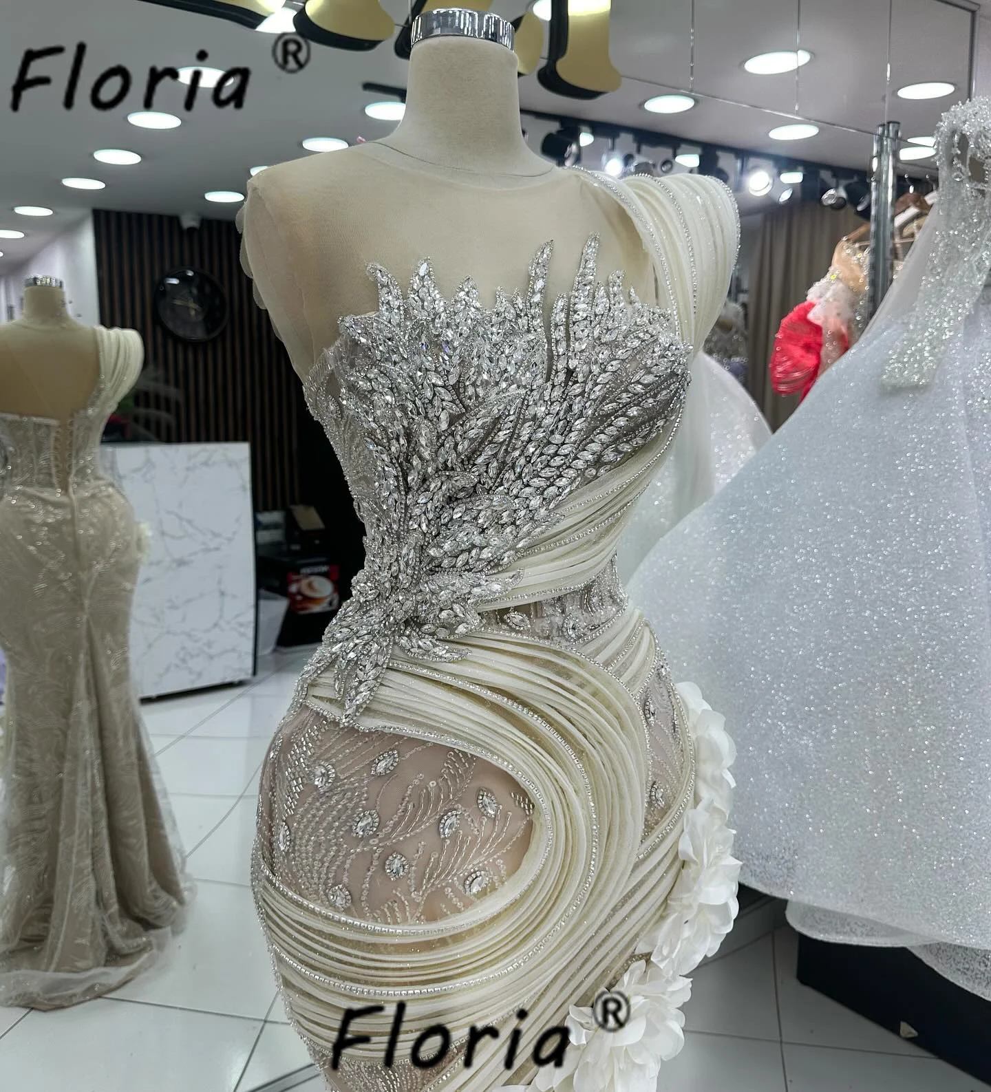 Mulheres Renda Flores 3D Vestidos de Noite Sereia, Apliques de Cristal, Tamanhos Grandes, Vestido de Casamento, Champanhe Único, Luxo, 2024