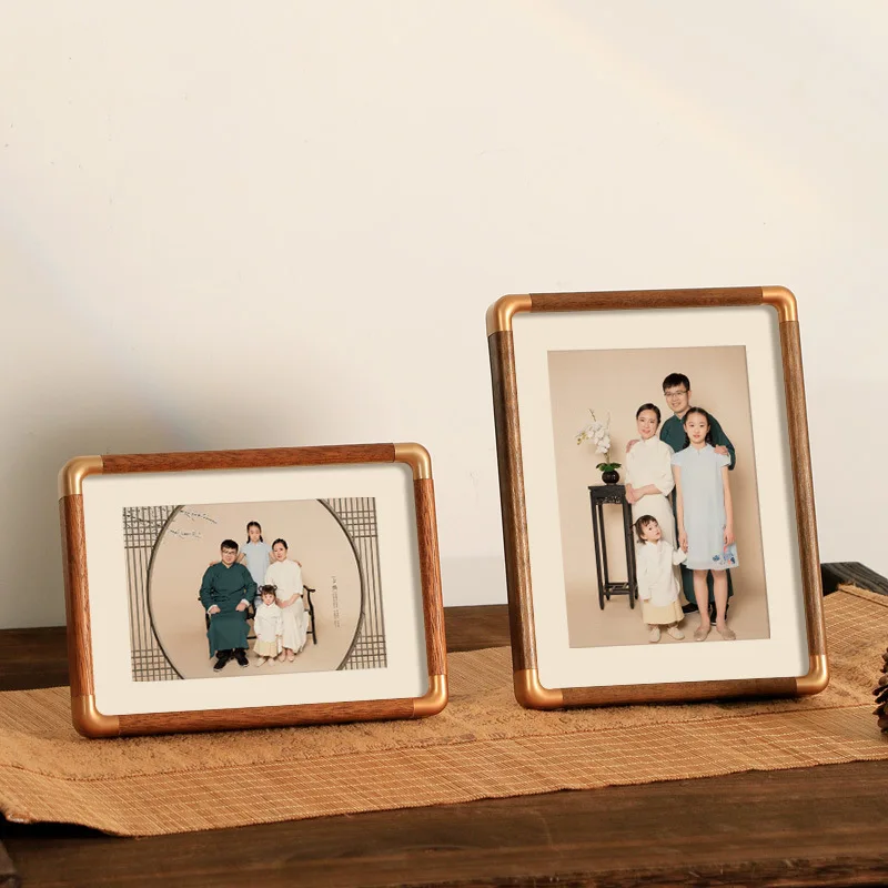 Black Walnut Photo Frame 5/6/7/8 Inch Retro Tabletop Decoration Copper Corner Solid Wood Texture DIY Photo Frame Wooden Crafts