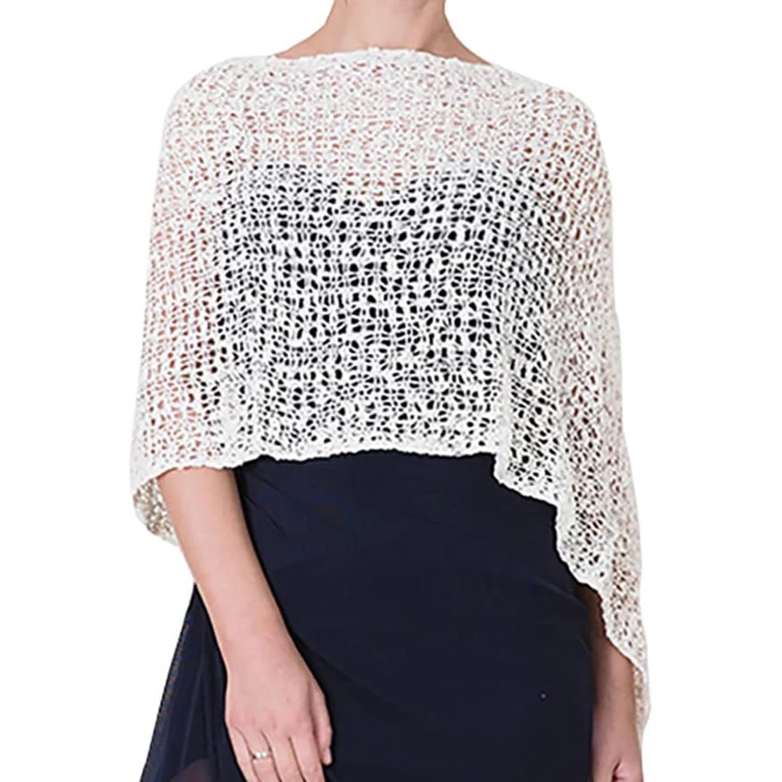 Women's Soild Color Crochet Poncho Fashionable Versatile Hollow Out Lightweight Shawl for Formal Evening Dress