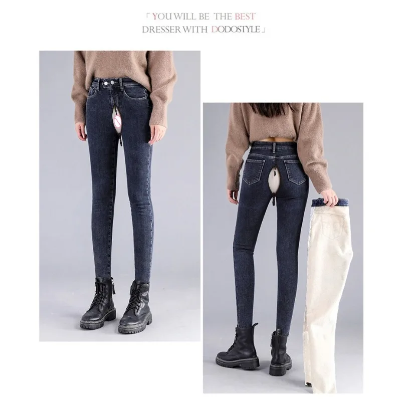 Celana Wanita Model Open Crotch Berbahan Thermal Fleece Jeans Hitam Pinggang Tinggi Slim Fit Stretch Skinny Tapered Celana Musim Dingin Hangat Tebal