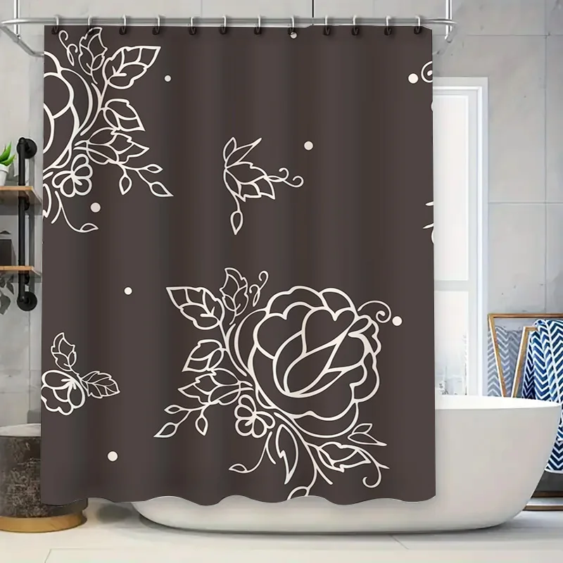 

Vintage White Floral Shower Curtain Beautiful Dark Brown Fabric with Flower Print for Bathroom Decorations