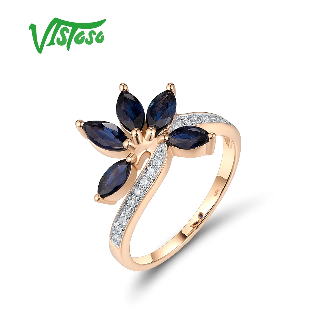 VISTOSO Authentic 14K 585 Rose Gold Ring For Women Ring Sparkling Diamond Blue Sapphire Delicate Wedding Gifts Fine Jewelry