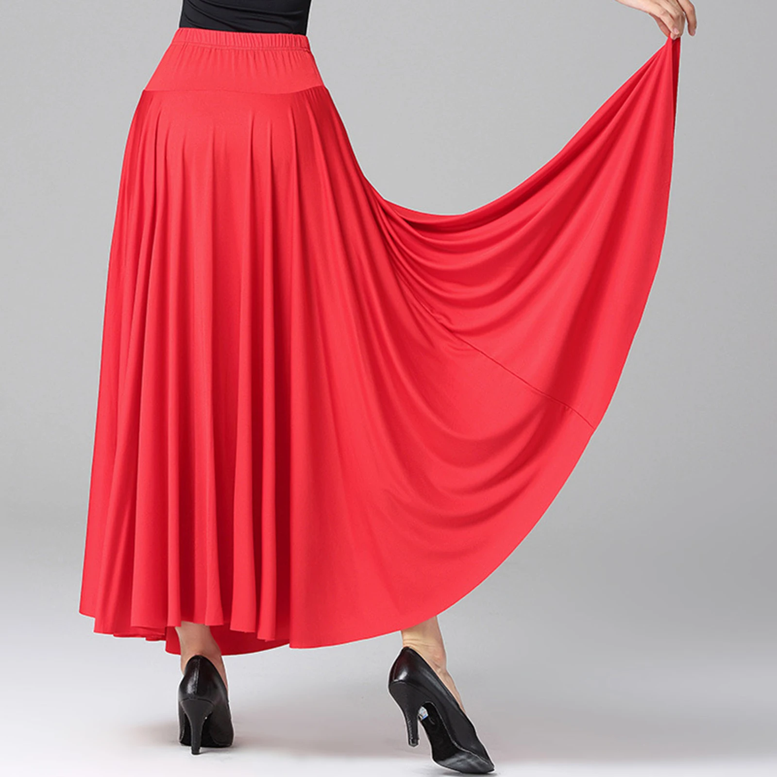 Womens Spanish Flamenco Swing Skirt Solid Ballroom Dance Long Skirts High Waist Elastic Waistband Ruffle Performance Costume