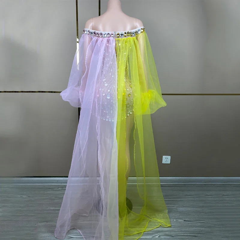 Pink Yellow Puff Sleeves Full Rhinestones Dress Women Party Celebrate Dresses Festival Outfit Stage Catwalk Costume XS7137