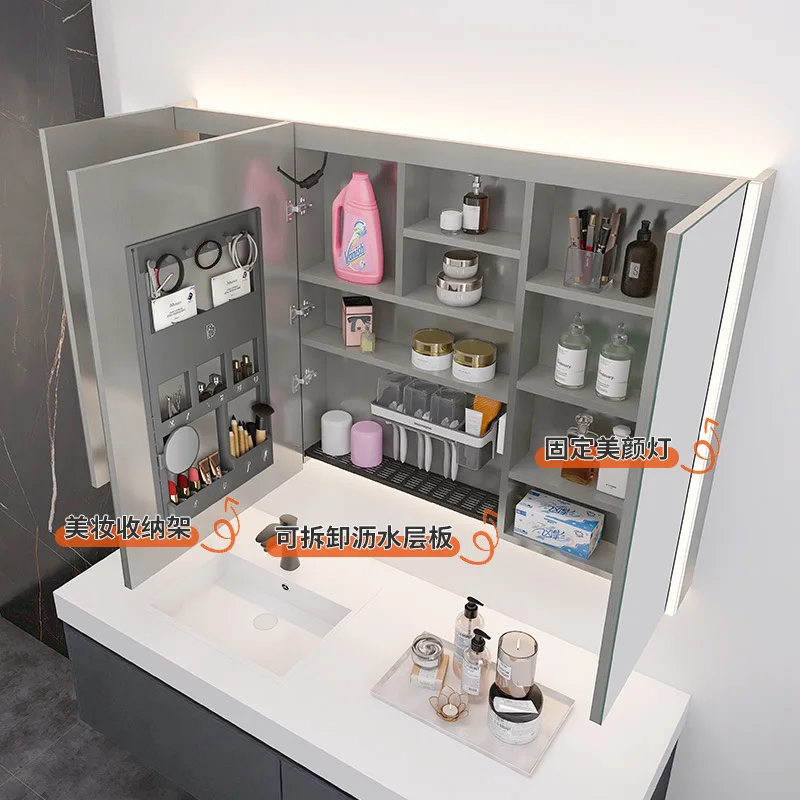 Stainless steel mirror cabinet 90 high intelligent mirror cabinet separate drain plate wall-mounted bathroom
