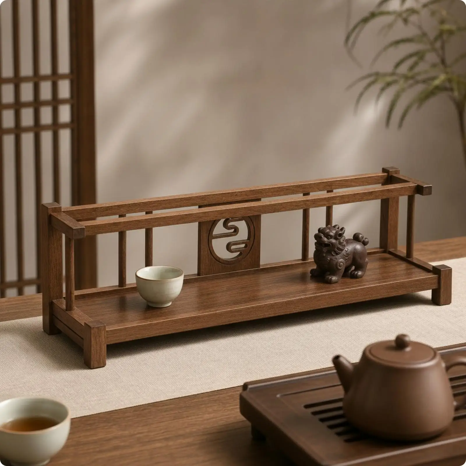 Wooden Display Rack Traditional Tea Set Rack Space-Saving for Meditation Room