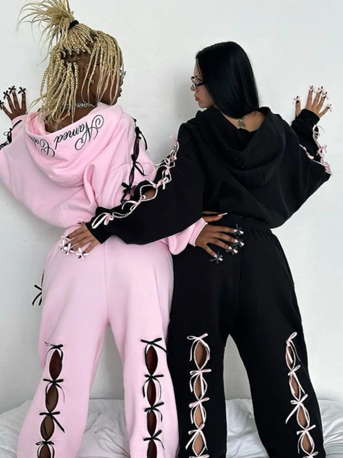 

American Street Hollow Bow Hooded Sweatshirt Cardigan Jacket Sexy Letter Printed Trousers Suit Women